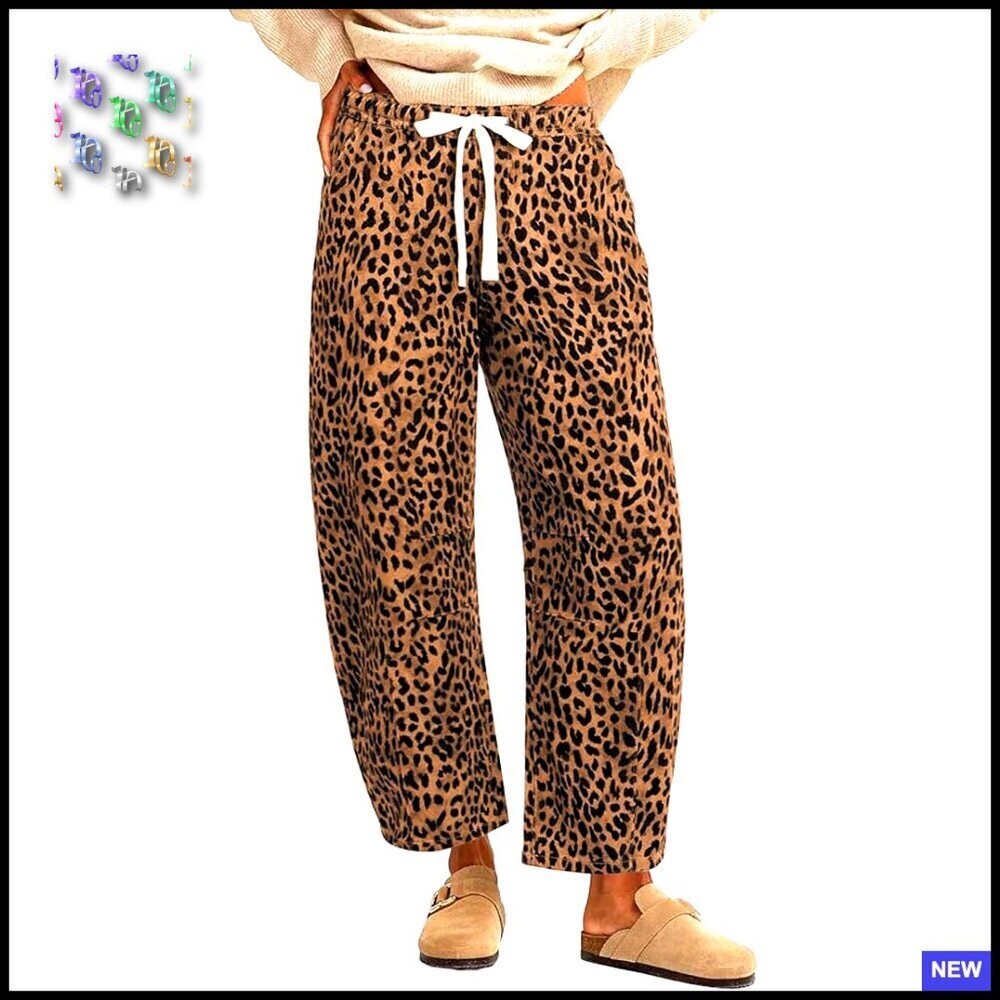 Leopard Print Barrel Jeans Elastic Waist Wide Leg Y2K Retro Chic Denim Pants